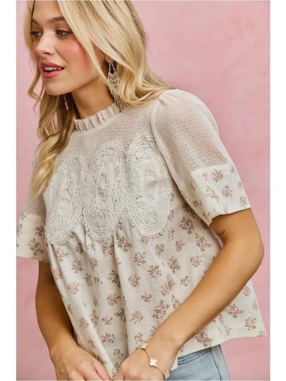 So Me BLUE FLORAL PRINT LACE TRIM COTTON BLOUSE TOP - Picture 8 of 10
